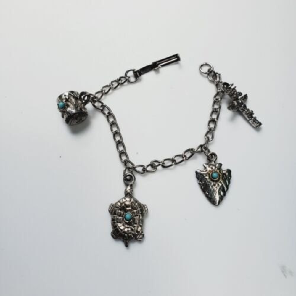 Vintage Silver Tone Faux Turquoise Native American Southwestern Charm Bracelet